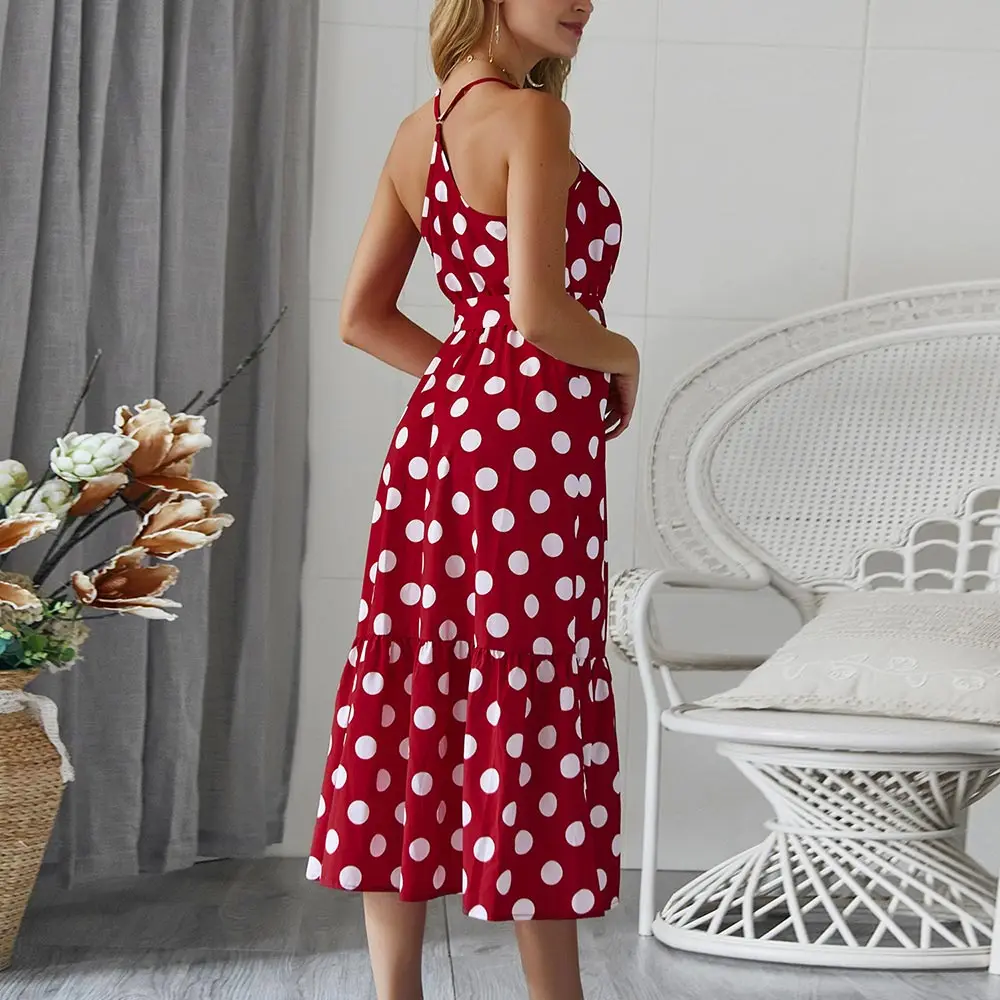 WildPinky Для женщин Boho горошек летнее пляжное платье миди Вечеринка v образным