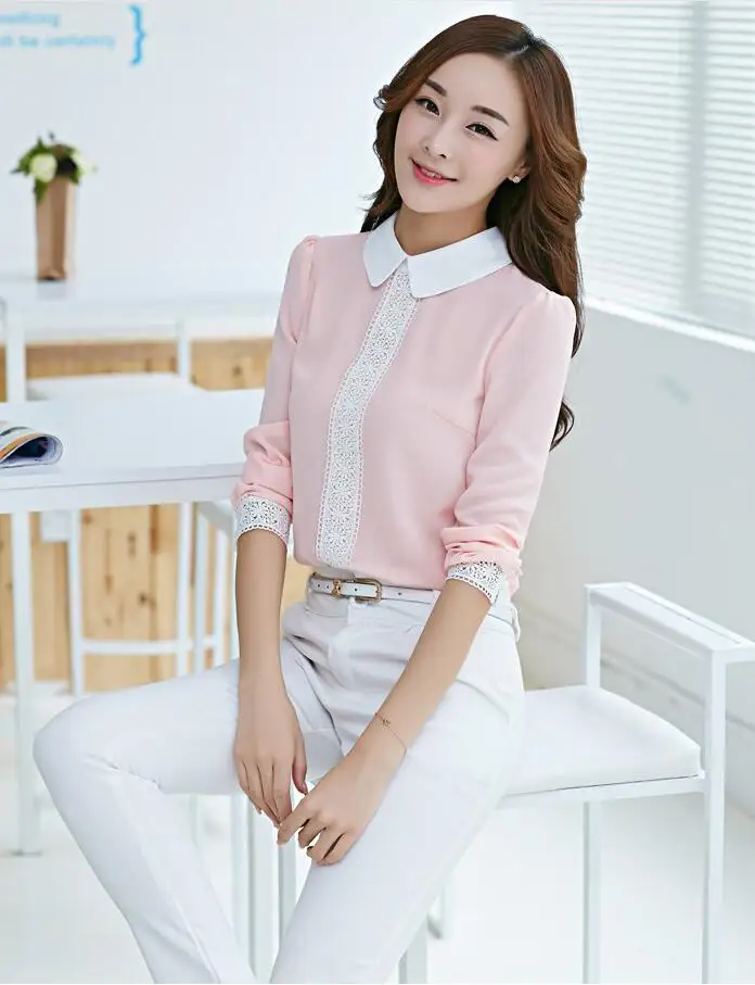 2017 Весна Осень Женские блузки кружева крючком шифоновая блузка с длинным рукавом