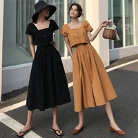 women crop top and skirt set summer vintage two twin style square neck cotton skirt top two piece set
