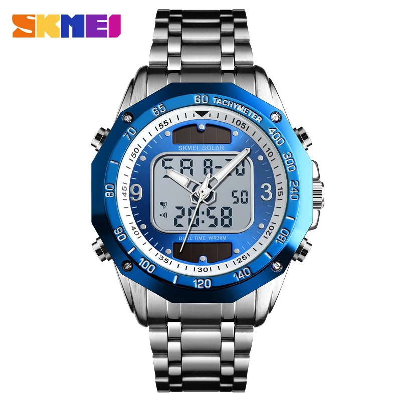 blue silver SKMEI 1493 модные роскошные Брендовые Часы для мужчин Солнечный ремешок из нержавеющей стали двойной дисплей кварцевые мужские часы relogio masculino - Цвет: blue silver