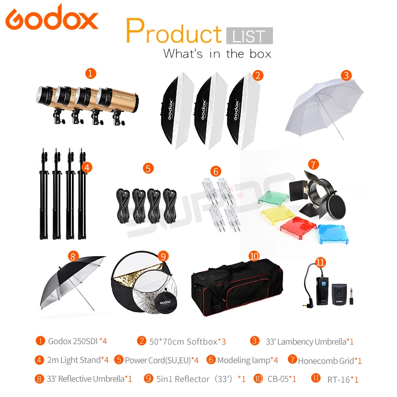 Студийная стойка для вспышки Godox 250SDI 4x250 Вт с сумкой переноски комплект 1000Ws 110 240