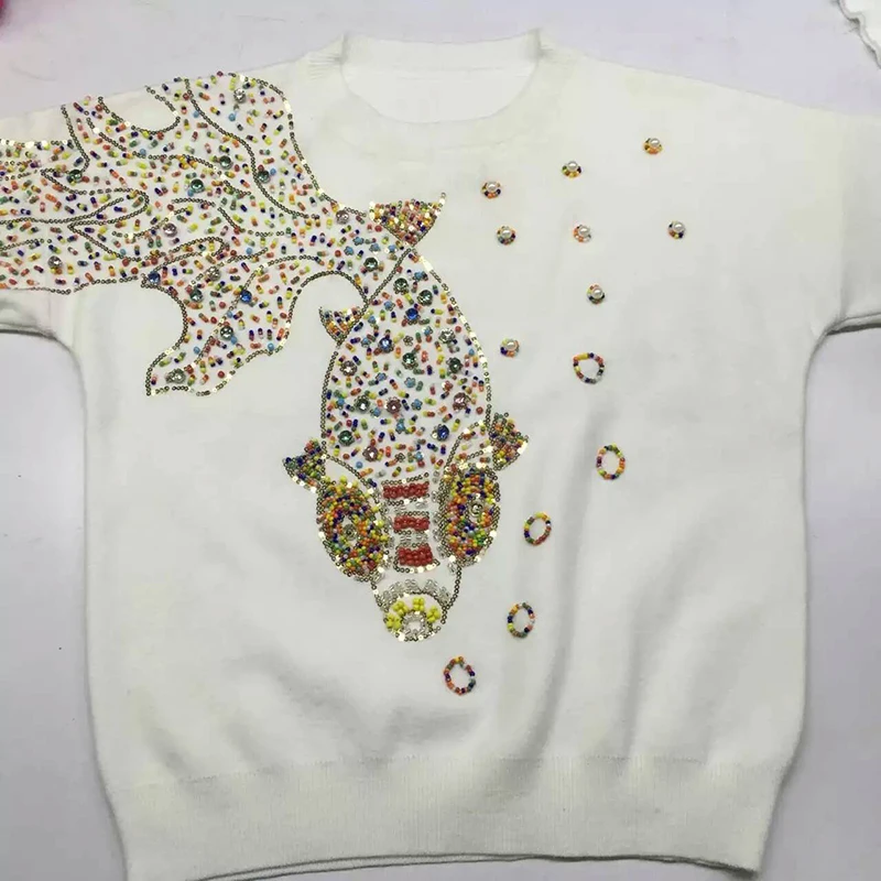 Women Fashion Pullover Autumn 2017 Female Winter Cotton Sweater Manual Diamonds Beaded Sequins Pearl Ladies Goldfish Casual Tops | Женская