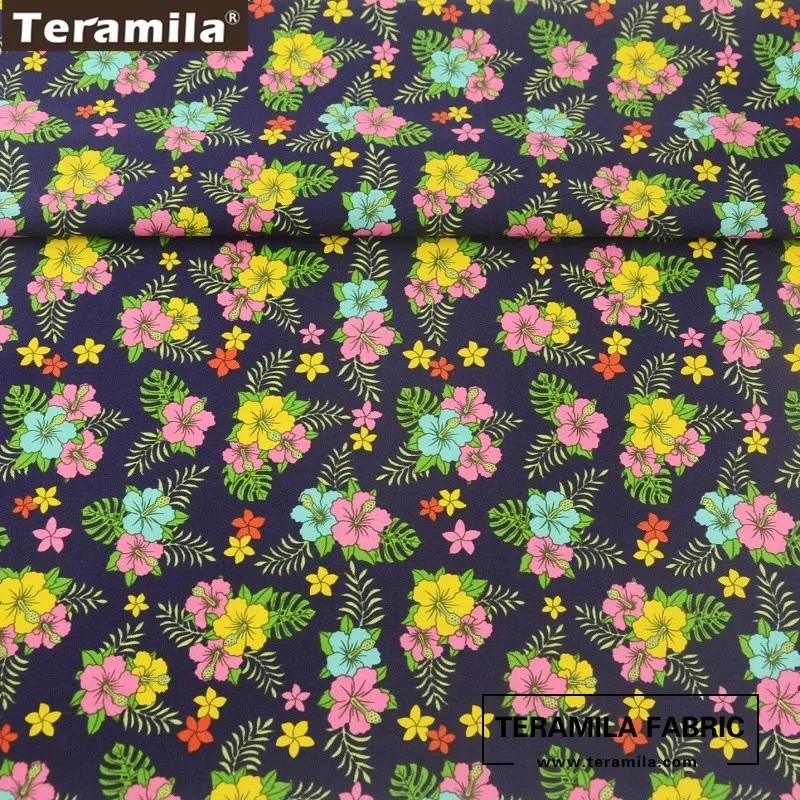 Teramila Cotton Poplin Fabric Printed Wild Flower With Leaves Design Fat Quarter Meter Navy Quilting Decoration Shirt Crafts|cotton poplin|cotton