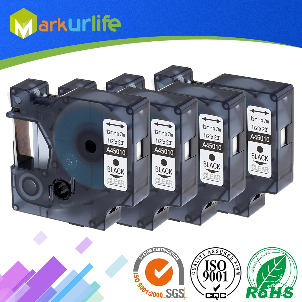 4 шт./лот совместимая с DYMO D1 лента для этикеток 12 мм 45010 S0720500 черная на прозрачном