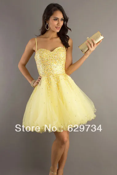 Yellow A Line Sweetheart Spaghetti Straps With Beading Dresses New Fashion Homecoming Sequins-VPS3FJY3A | Свадьбы и торжества