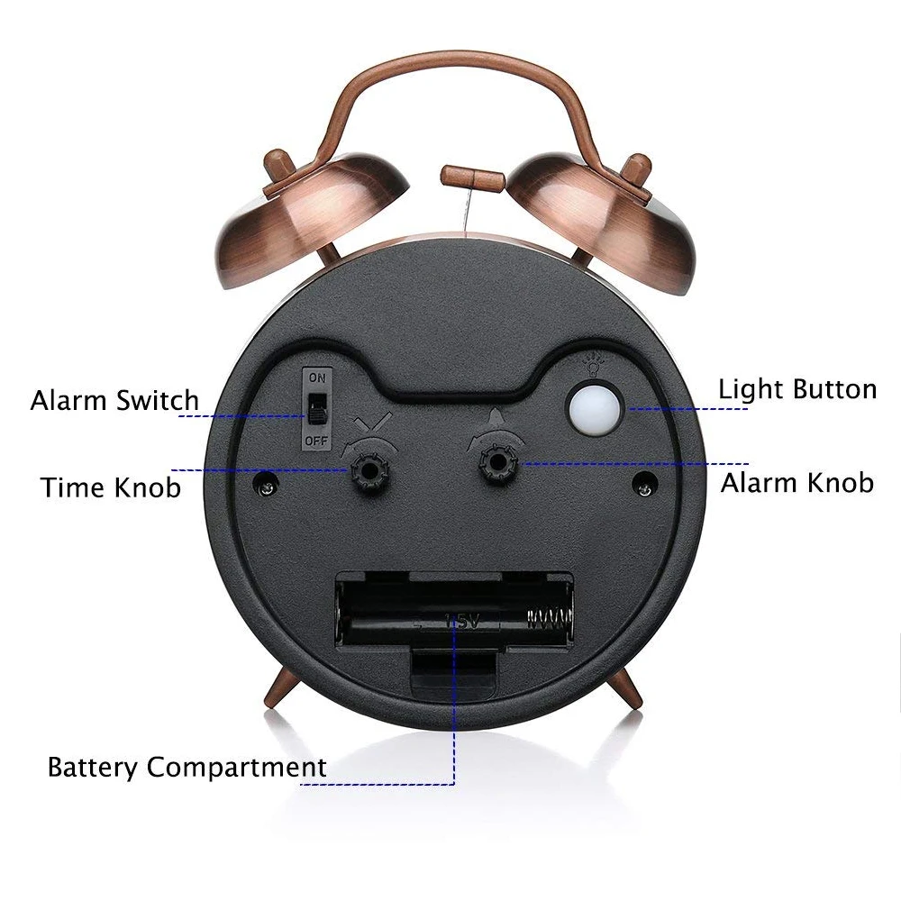 Громкий будильник двойной Звонок с сероскопическим циферблатом подсветка