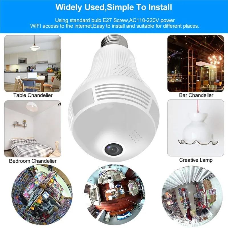 bulb lamp wifi camera with audio 1080p hd 360 degree indoor fisheye wireless home camera night vision support 128gb for phone pc free global shipping