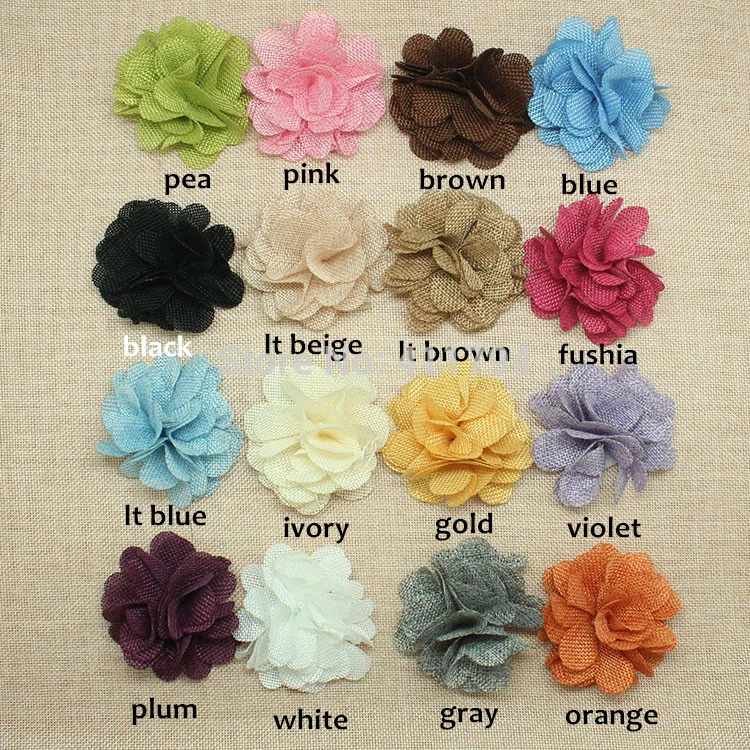 

80 pcs/lots 3" Burlap flower gold hair accessories ,linen flower for headwear hair accessories 16 colors
