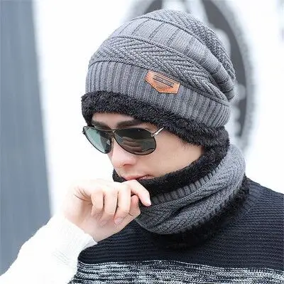 RUHAO Skullies Beanies 2pcs ski cap scarf cold warm leather winter hat for women men Knitted hat Bonnet Warm Cap - Цвет: Gray