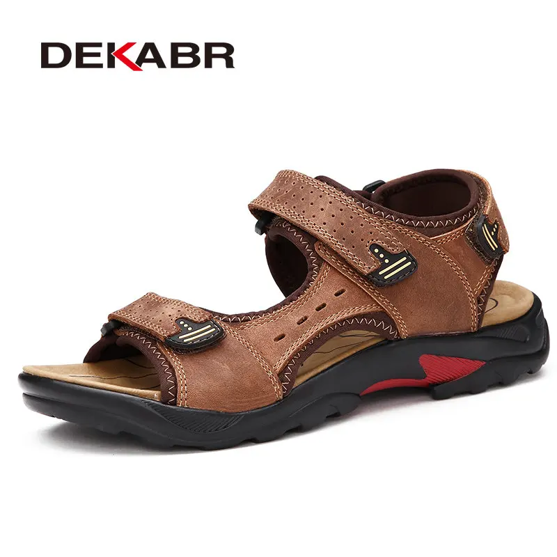 Light Brown Мужские сандалии больших размеров DEKABR, темно-коричневые модные туфли из натуральной кожи в британском стиле, повседневные массажные нескользящие слиперы на плоской подошве, лето - Цвет: Light Brown
