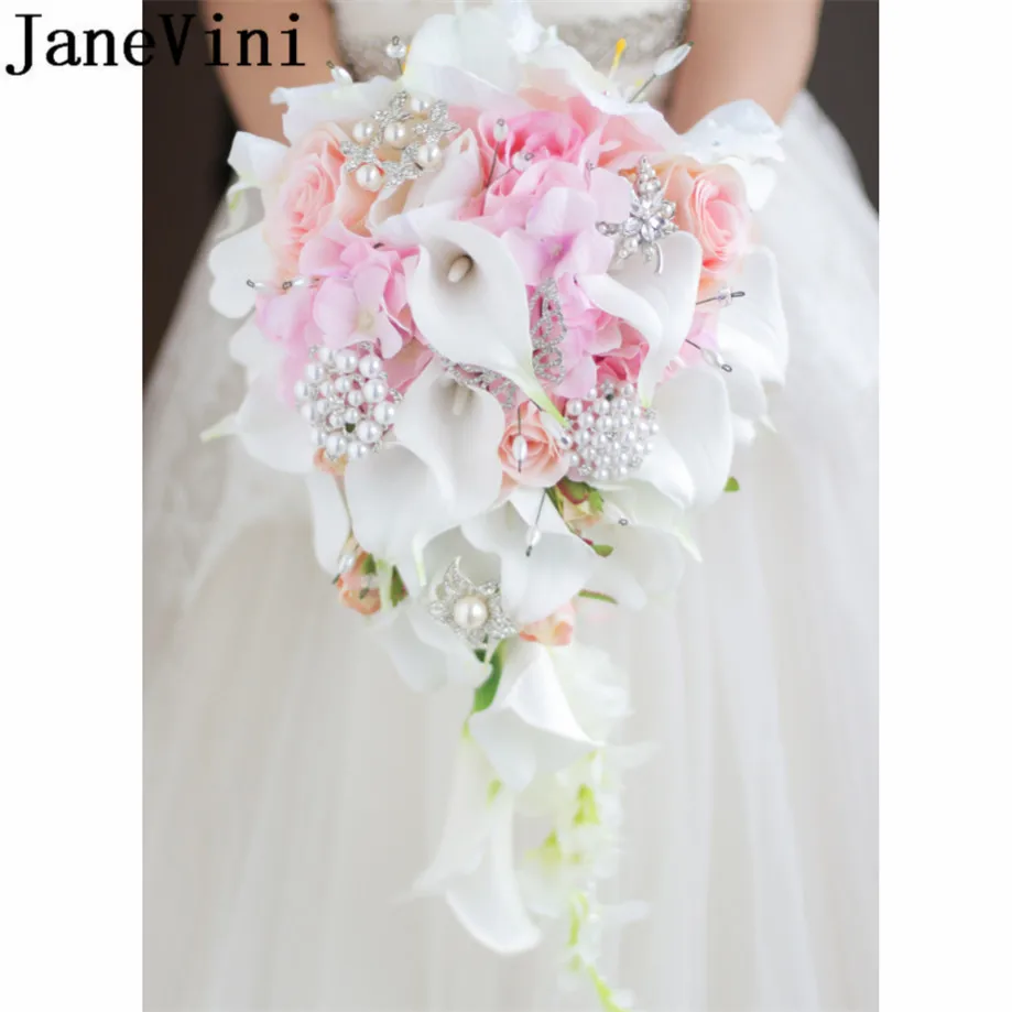 

JaneVini Artificial Pink Waterfall Bridal Bouquets Pearl Beaded Wedding Flowers Bouquet Red Bride Brooch Jewelry Rose Mariage
