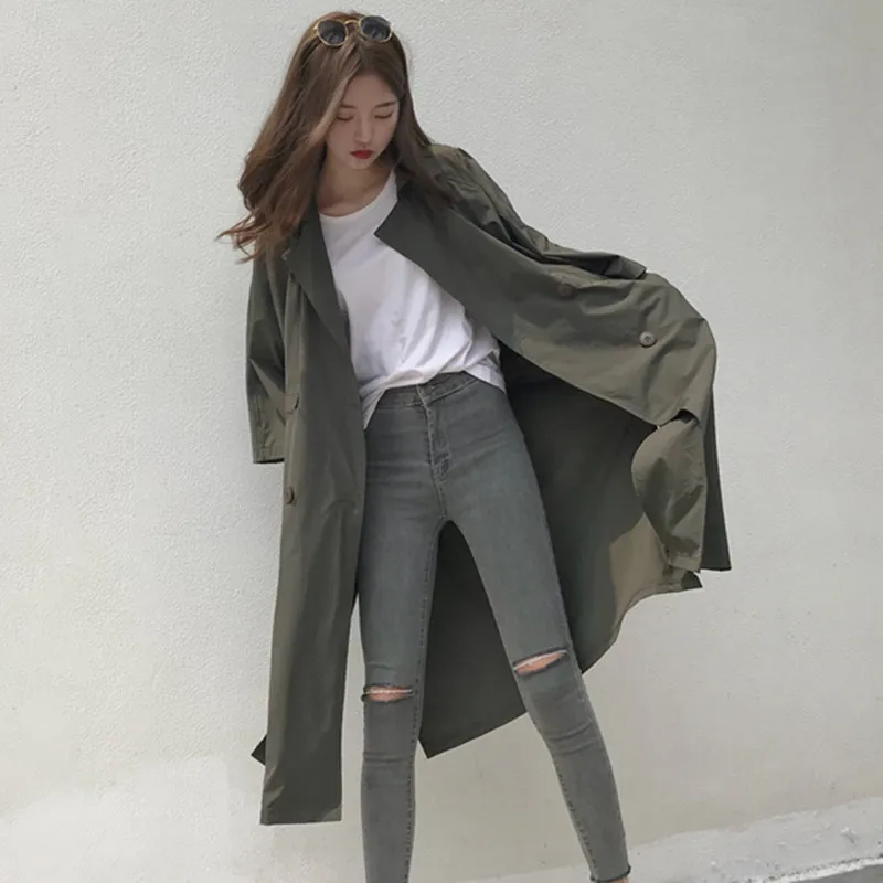 Корейский Винтажный Длинный тренч для женщин весна осень мода тонкая ветровка