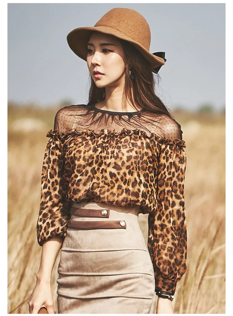 Корейский Для женщин Элегантный Leopard Блузка Топы корректирующие сетки лоскутное