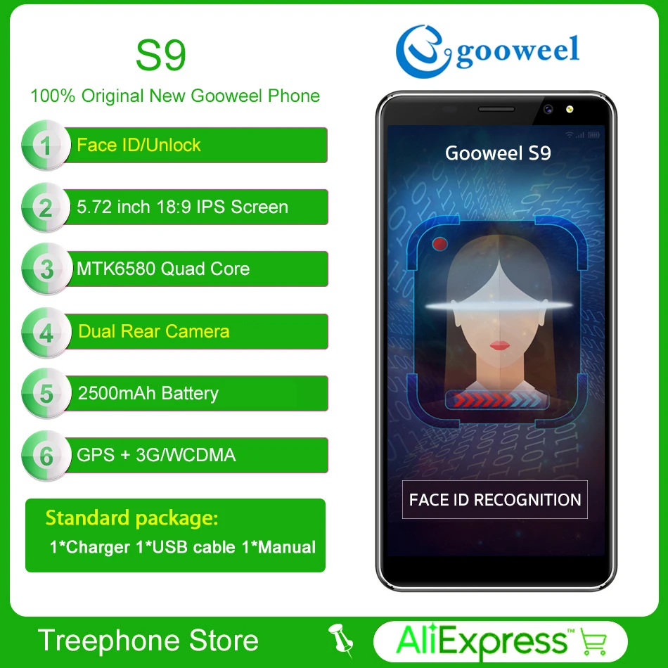 Gooweel S9 5 72 '✘:9 Дисплей Quad core Смартфон Face ID двойной сзади Камера мобильного