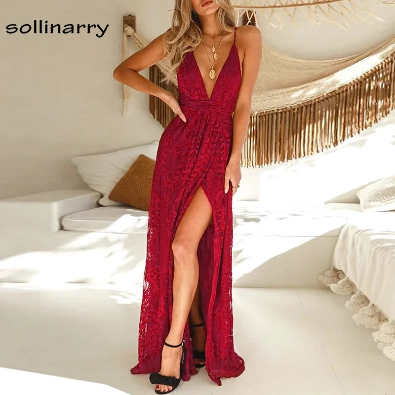 Sollinarry сетки Femme Платье макси с открытой спиной Кружева Красный пикантные