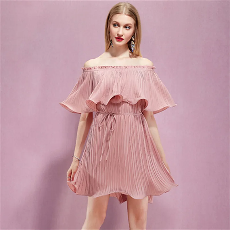 

Women dress brief sweet pink color ruffles elegant flare pleated half transparency slash neck off the shoulder dress for girls