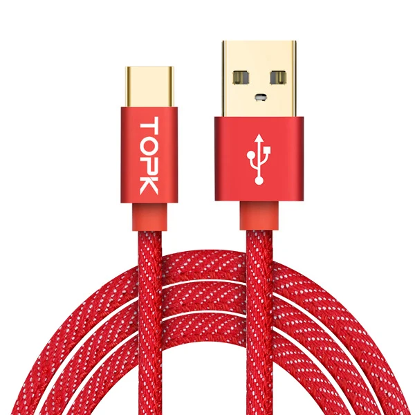 Type-C кабель, TOPK Denim провод USB C позолоченный штекер быстрой зарядки usb type C кабель для MacBook/Xiaomi 4C/Letv/Oneplus - Цвет: Красный