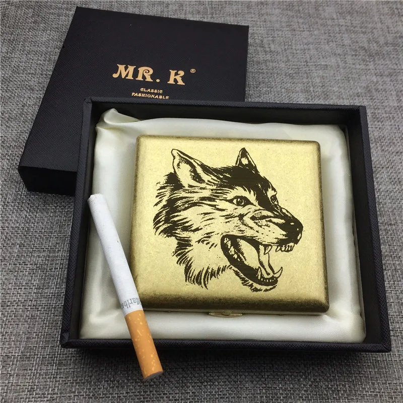 MR. K HW101 Винтажный стиль латунный чехол для сигарет Мужской портативный сигаретный ящик лазерный резной волк Тотем курительный аксессуар