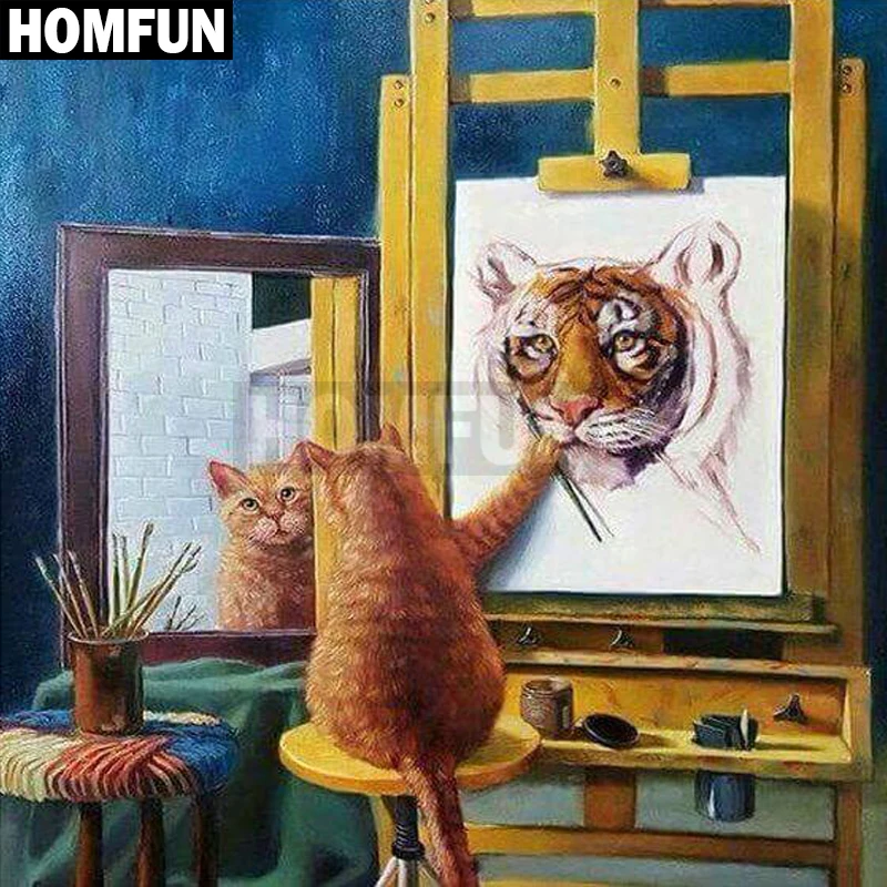 Алмазная 5D картина HOMFUN Тигр и кот вышивка крестиком из квадратных/круглых страз