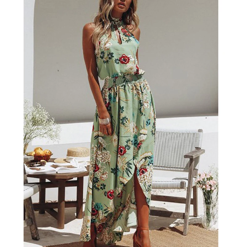 2018 летнее платье с цветочным принтом женское длинное высокой талией и разрезом