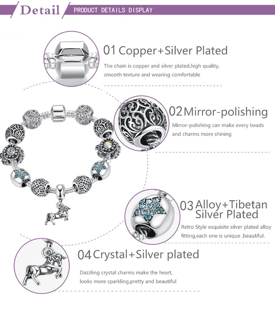 BELAWANG Европейский тибетский серебряный браслет с подвеской в виде лошади, браслеты с бусинами из кристаллов и браслеты для женщин, ювелирные изделия Pulseira