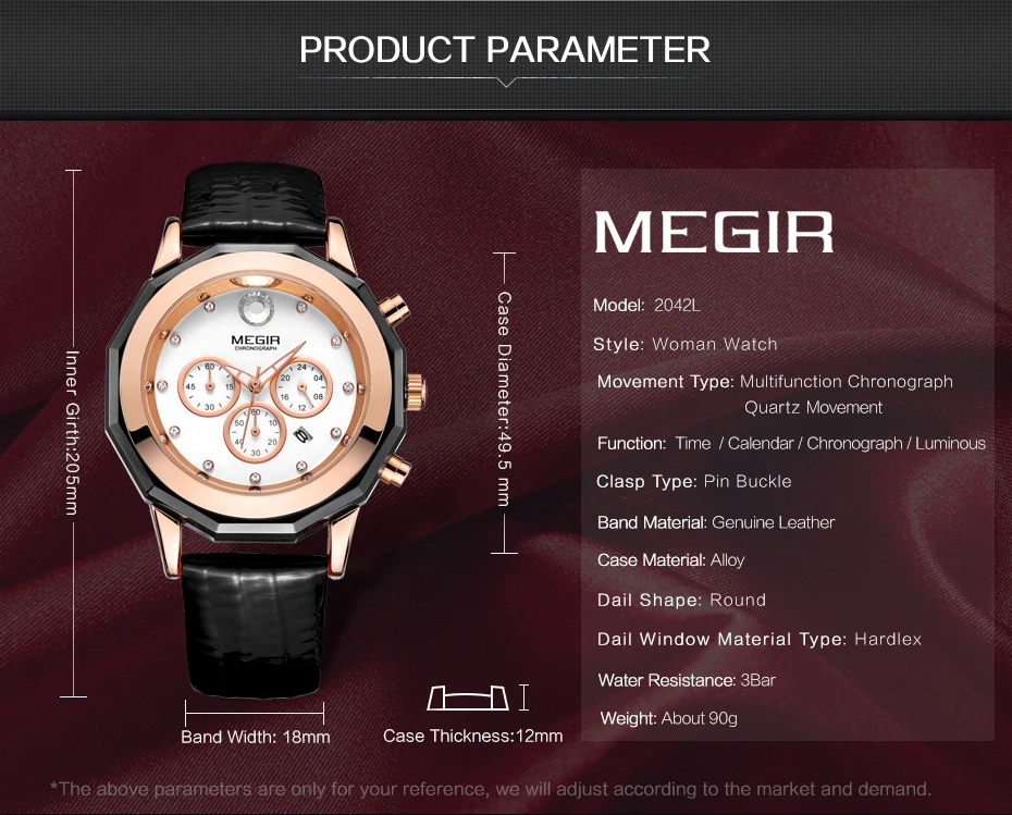 Женские кварцевые часы MEGIR наручные из лакированной кожи с украшением кристаллов