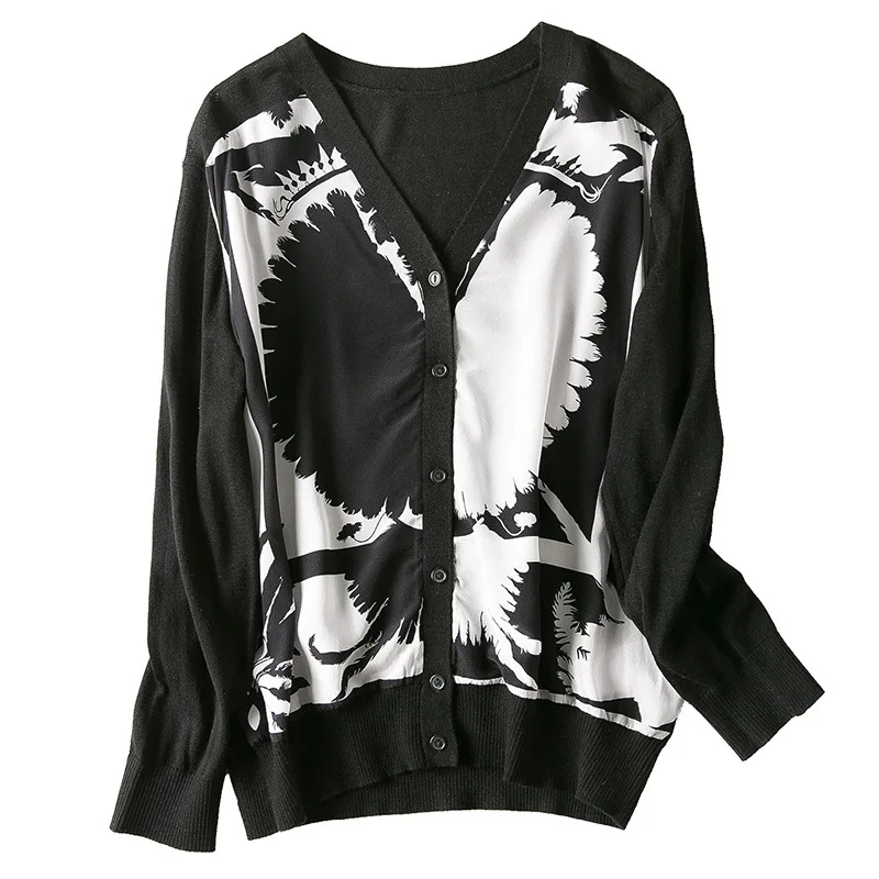 Новинка Весна 2019 Шелковый вязаный кардиган с V-образным вырезом и принтом