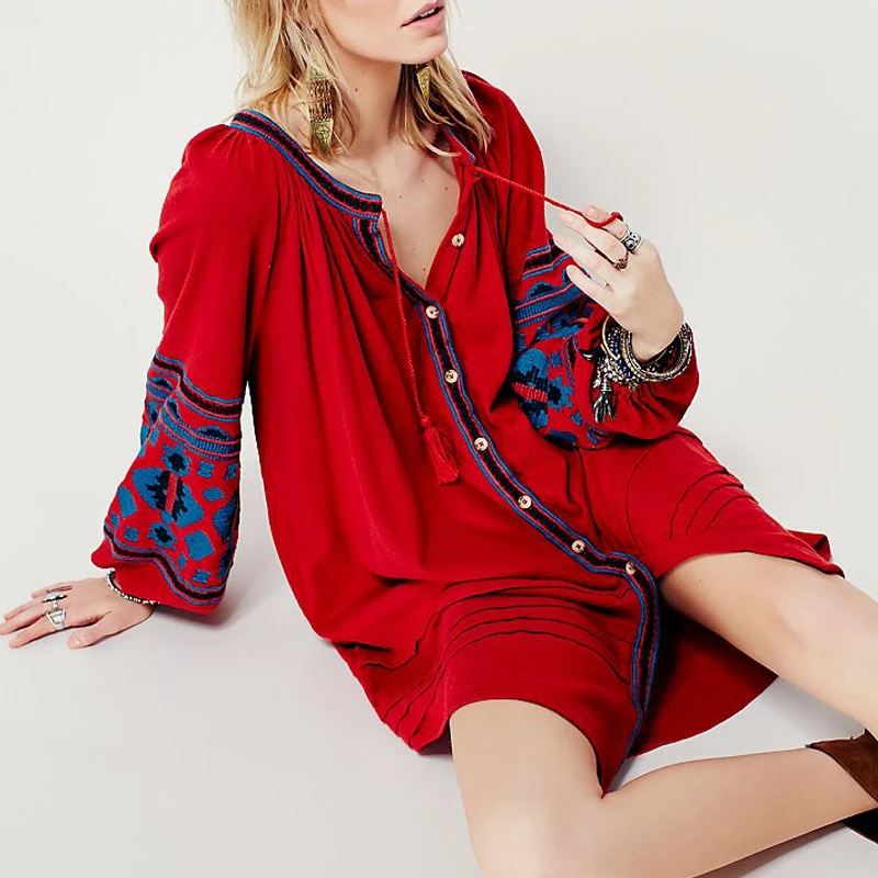 Платье женское этническое с вышивкой свободное кардиган средней длины длинными