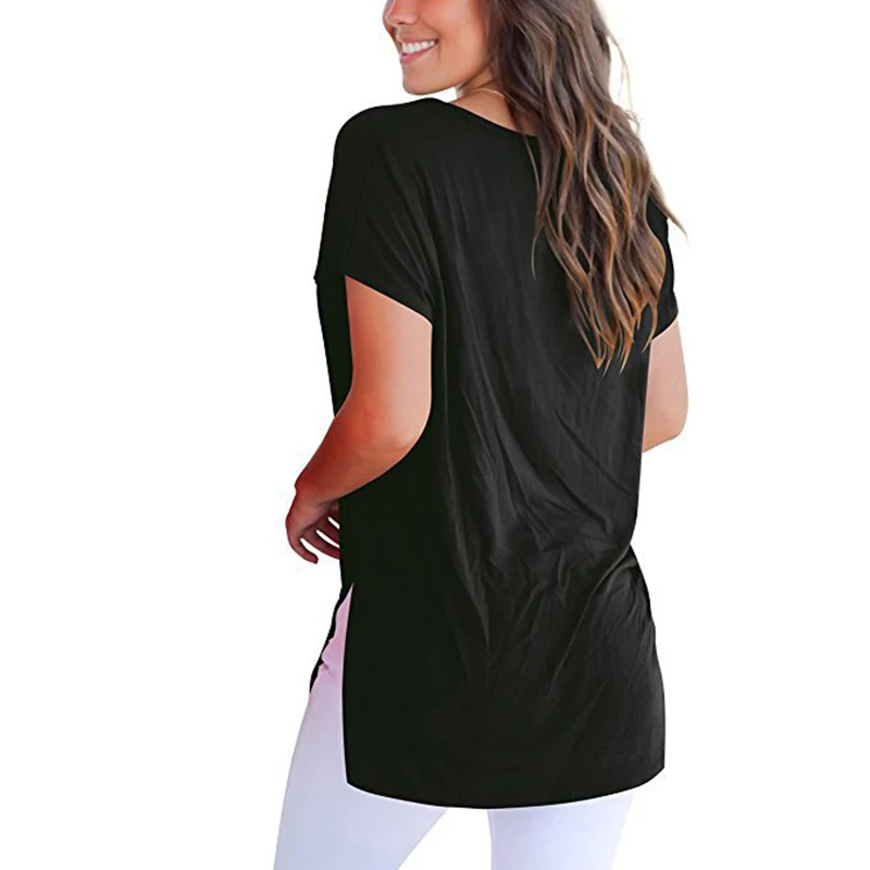 Women's T-shirt round neck solid color cotton fashion street casual large size loose short-sleeved split polyester woman | Женская