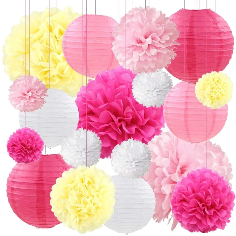 

Pink paper lanterns decorative Tissue Paper Flower Pom poms Ball Paper Lanterns 18pcs for Baby Shower Wedding Party Event Deco