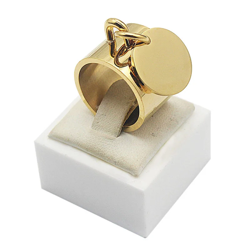 Engraving big wide Gold Color Plain Band Midi customizing brand finger rings with round metal charm tag customized bague|finger ring|wide ringring