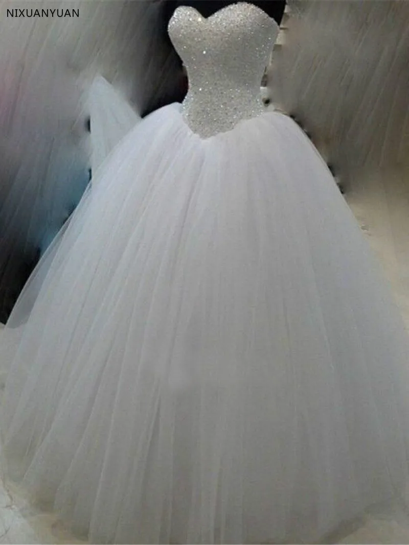 Sweetheart Ball Gown Wedding Dresses White Ivory Tulle Crystal Dress Lace Up Back Cheap Bride | Свадьбы и торжества