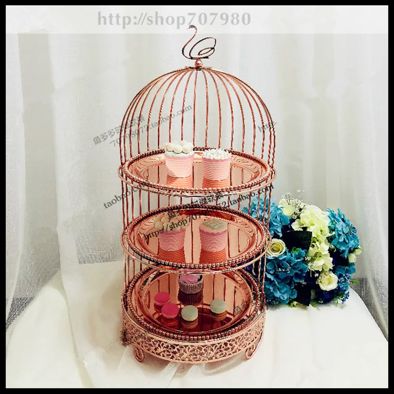 

1 PCS European three-layer rose gold bird cage snack stand multi-layer dessert rack metal West point set