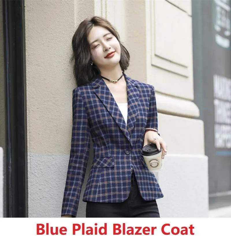 Blue Blazer Coat Высокое качество ткани модные клетчатые женские деловые блейзеры и куртки пальто с карманом OL стили рабочая одежда Блейзер Верхняя одежда Топы - Цвет: Blue Blazer Coat