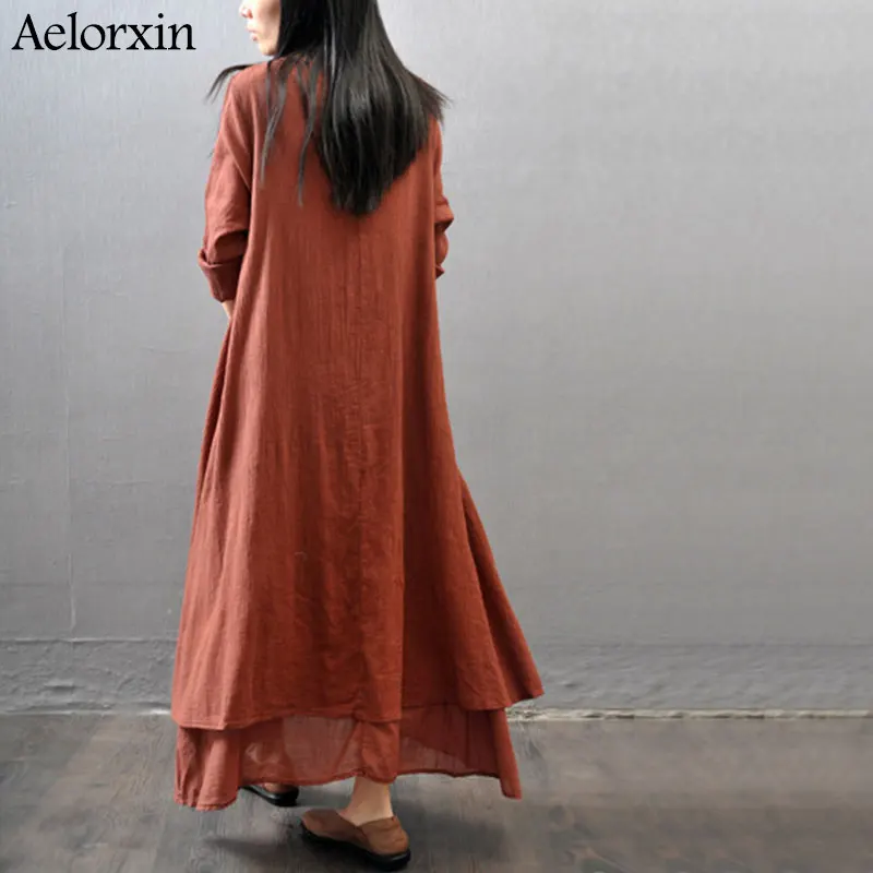 Женское платье макси из хлопка и льна асимметричное двух частей с длинным