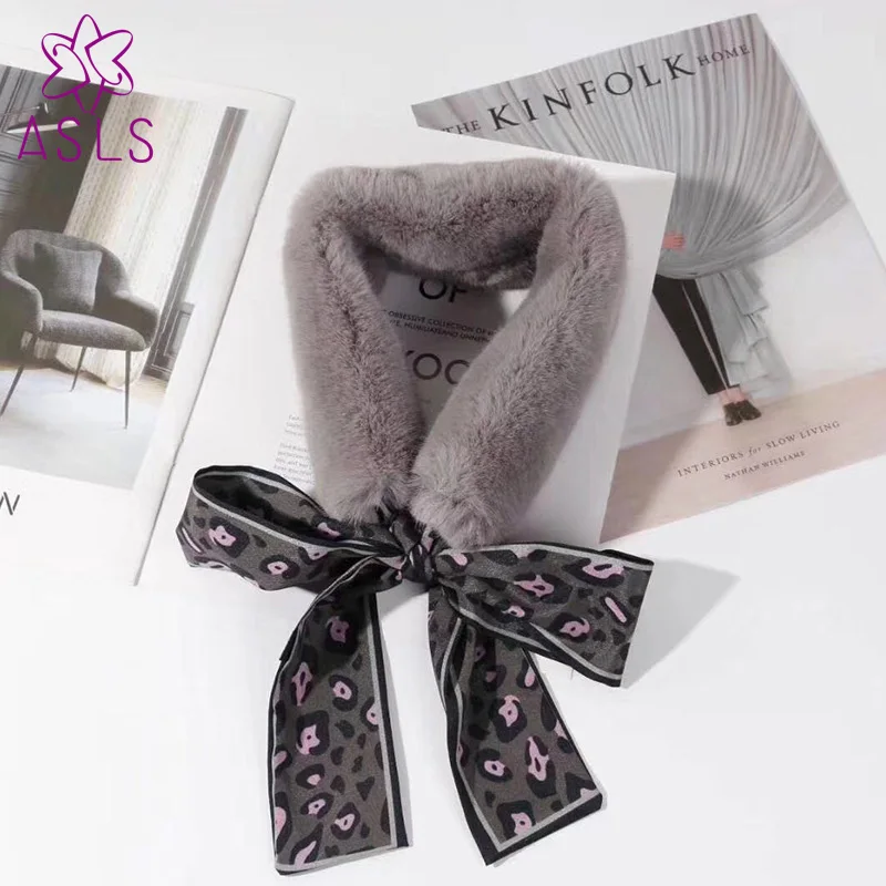 

New luxury warm Fur muffler scarf pullover small streamer women's autumn and winter thermal rex rabbit hair scarf false collar