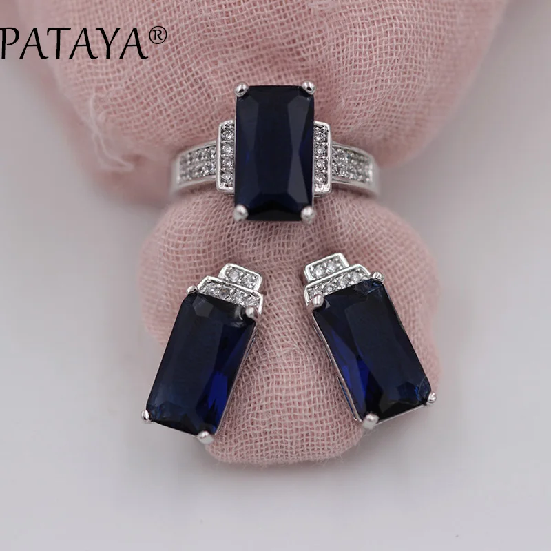 PATAYA New Square Green Natural Zirconia Earrings Ring Sets Women Wedding Party True White Gold Romantic Jewelry Set Multicolor | Украшения