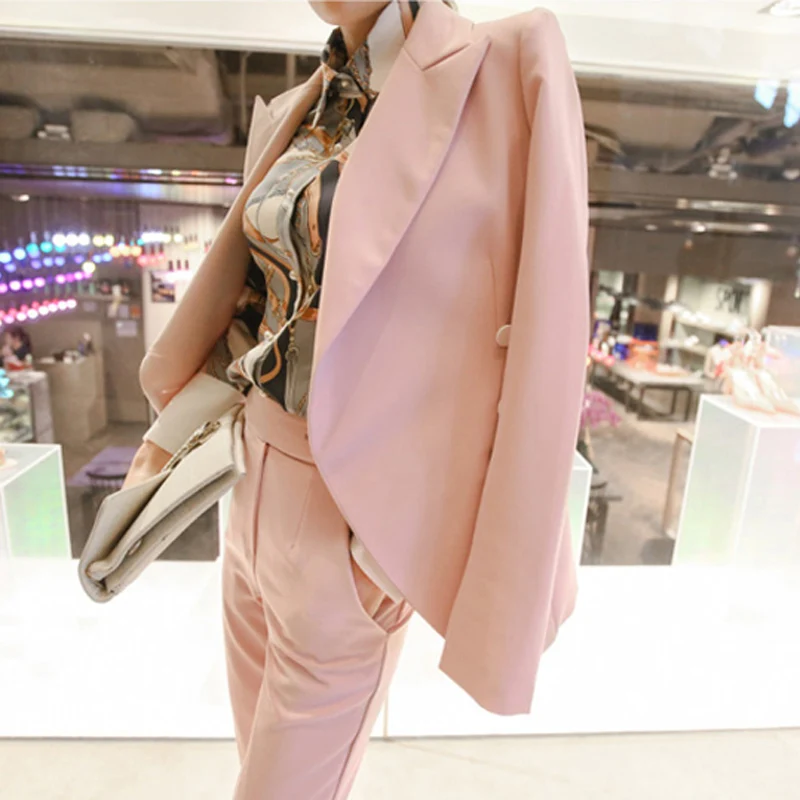 

BGTEEVER Fashion Pink 2 Piece Set for Women Pant Suit Single Button Notched Blazer & High Waisted Pants Casual Work Wear 2018