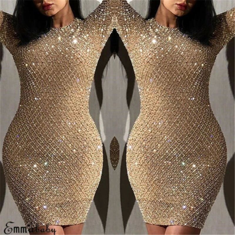 Женское вечернее платье с блестками Золотое короткое карандаш длинным рукавом и