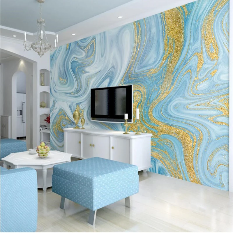 

beibehang Elegant light luxury fashion lines sprinkled gold blue texture TV backdrop custom large mural green wallpaper