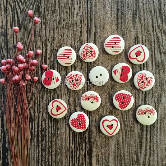

1000pcs Red Heart Patterns Mixed Wood Natural Buttons 15mm 2 Holes Round Sewing Button Embellishments Craft Scrapbook Cardmaking