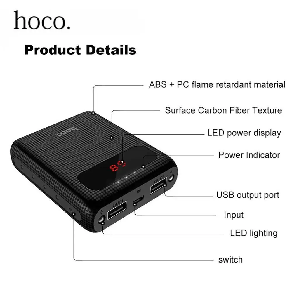 HOCO power Bank 10000 мАч быстрая зарядка светодиодный внешний аккумулятор 18650