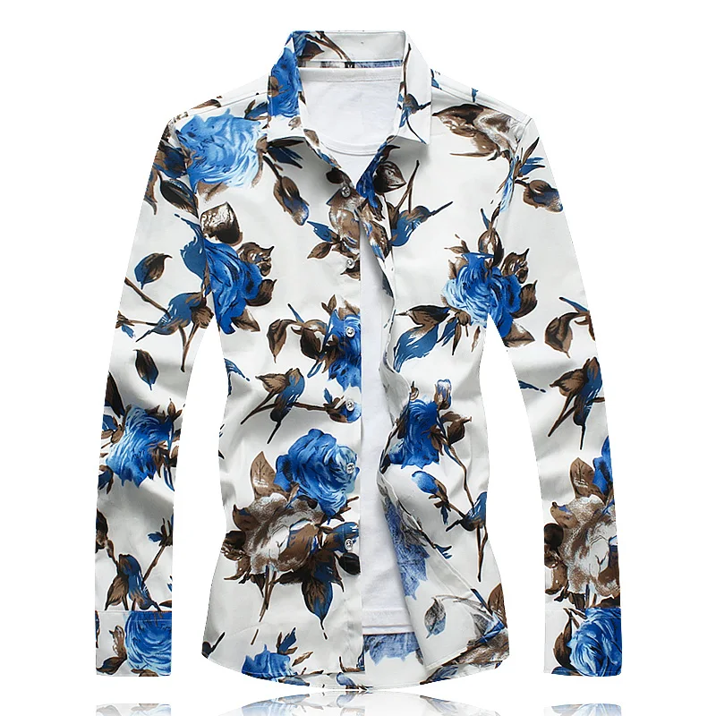 Мужская рубашка с цветочным принтом Повседневная хлопковая гавайская длинным