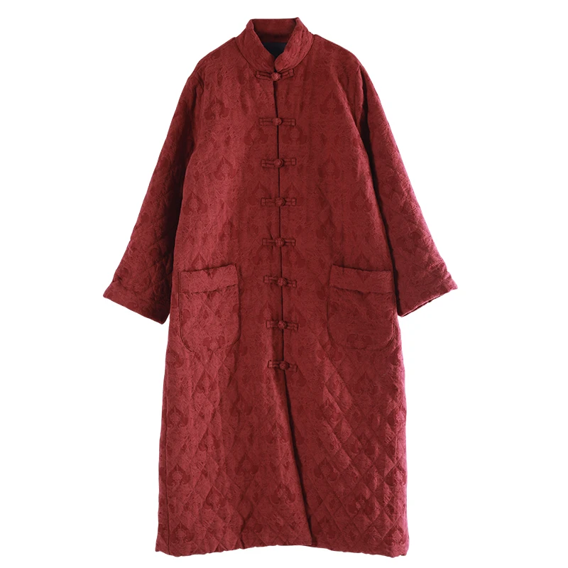 

LZJN Autumn Winter Jacket Women Thin Parka Stand Collar Cotton Padded Coat Wine Red Maxi Long Overcoat Warm Chinese Jackets