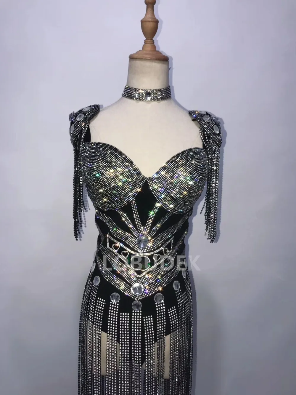 

2018 Silver Rhinestones Long Tassels Bodysuit Female Nightclub DJ DS Costume Bar Party Stage Outfit Singer Modern Dance Clothing