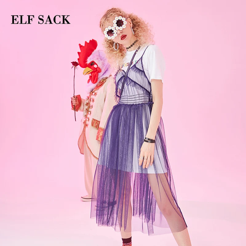 Женский пляжный костюм ELFSACK белая футболка с буквенным принтом и фиолетовое