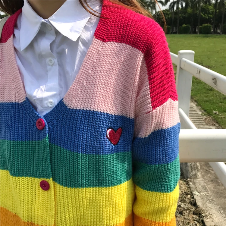 Runway Women's Sweater Kawaii Ulzzang Rainbow Striped Cardigan Embroidery Letters Knitted Female Harajuku Sweaters For Women |