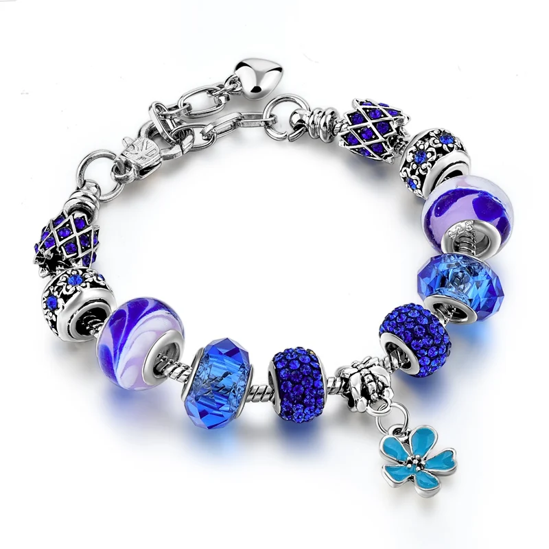

2019 Fashion DIY Crystal&Glass Blue Beads Charms Bracelets For Women Snake Chain Bracelets & Bangles Pulsera SBR170066BU