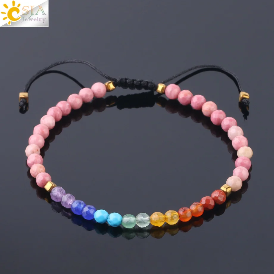 Line Rhodonite CSJA простые маленькие бусины браслеты 4 мм Натуральный Камень Чакра ручной работы из бисера Плетеный браслет для женщин девочек браслеты ювелирные изделия F700 - Окраска металла: Line Rhodonite