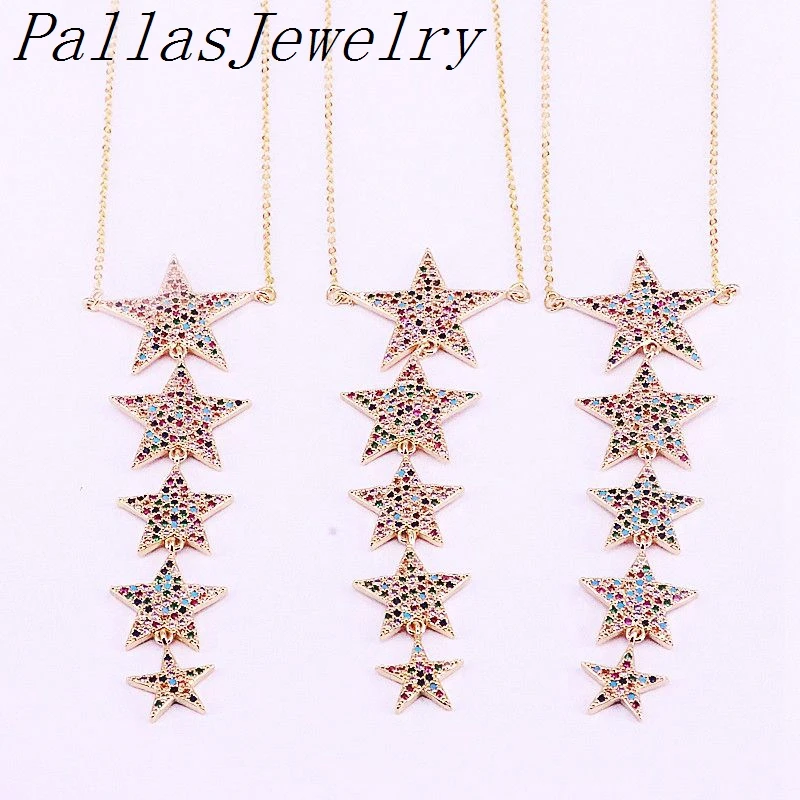 

5Pcs Multi Rainbow Zirconia Fashion Necklace For Women Jewelry Micro Paved Colorful Cz Star Long Pendant Necklace